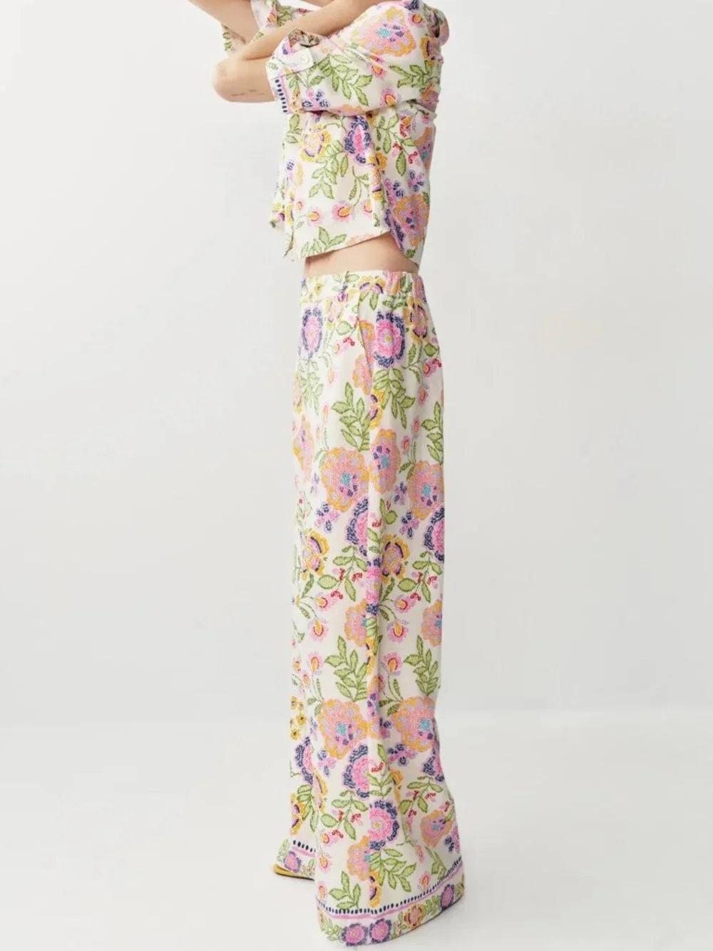 Zara Floral Pastel Cottagecore Pants Multicolor High Rise Size Small NWT